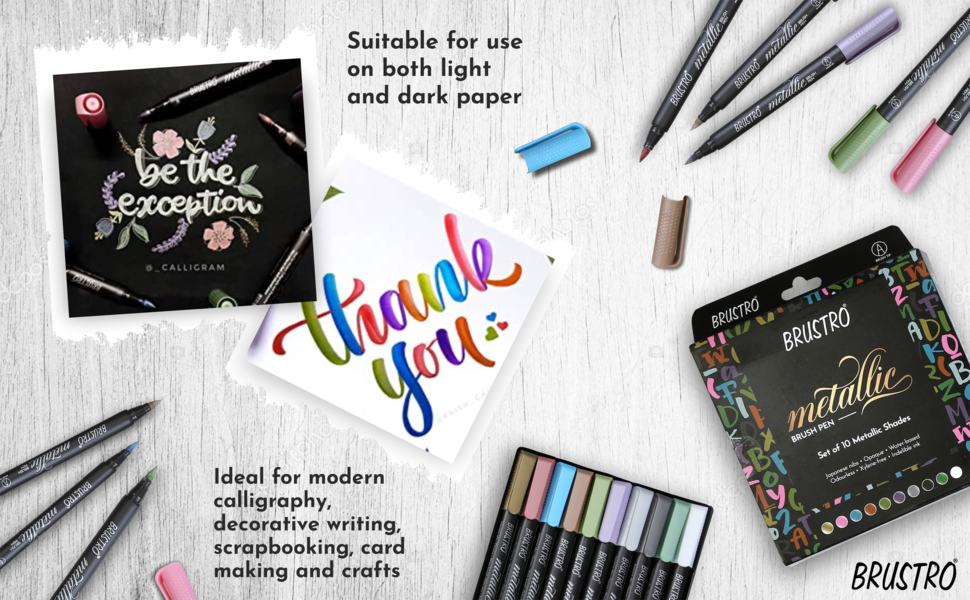 BRUSTRO Metallic Brush Pens - Soft Brush Tip Set of 10 Colors. with Colour Brush Pens Set of 12 (Pigment Based, Hard tip Brush Pen) Flexible tip for Calligraphy, Lettering and Drawing Techniques.