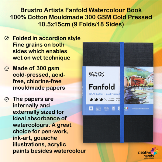 Brustro Artists Fanfold Watercolour Book 100% Cotton Mouldmade 300 GSM Cold Pressed 10.5x15cm.(9 Folds/18 Sides)