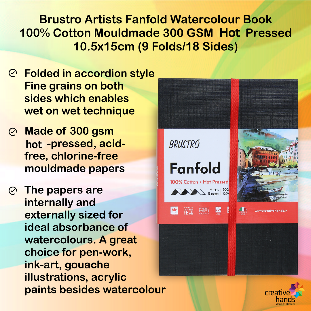 Brustro Artists Fanfold Watercolour Book 100% Cotton Mouldmade 300 GSM Hot Pressed 10.5x15cm.(9 Folds/18 Sides)