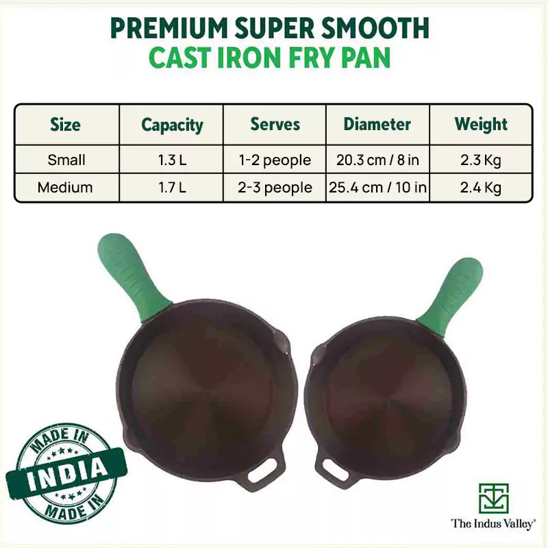 Super Smooth Cast Iron Fry Pan, Silicon Handle, 100% Pure, Toxin-free,Pre-seasoned, Induction, Non-stick, 20.3/25.4cm, 1.3/1.7L, 2.3/2.4kg