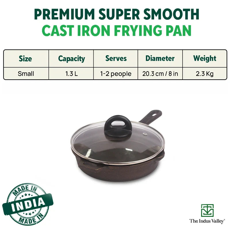 Super Smooth Cast Iron Fry Pan, Glass Lid, 100% Pure, Toxin-free, Pre-seasoned, Induction, Non-stick, 20.3/25.4cm, 1.3/1.7L, 2.3/2.4kg