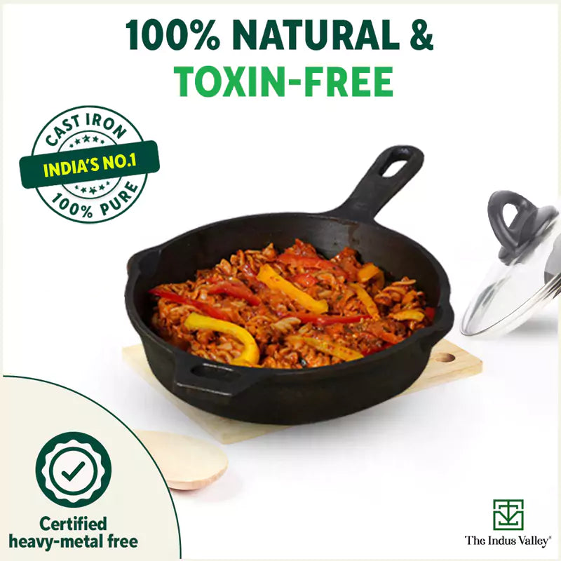 Super Smooth Cast Iron Fry Pan, Glass Lid, 100% Pure, Toxin-free, Pre-seasoned, Induction, Non-stick, 20.3/25.4cm, 1.3/1.7L, 2.3/2.4kg