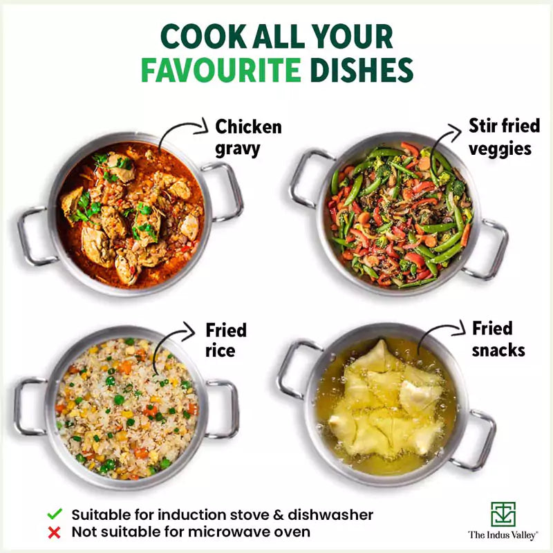 TurboCuk Tri-ply Stainless Steel Deep Fry Pan+ Glass Lid, Premium Quality, 3 Layer Thick Body, 100% Toxin-free, Non-stick, Induction & Gas, 20.3cm, 1.5 L, 1.38kg