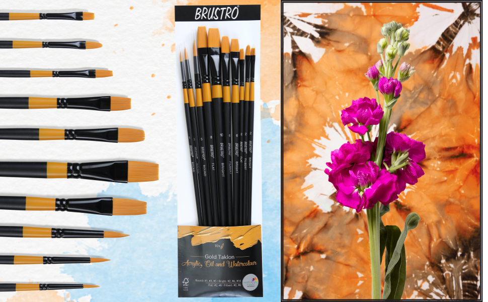 BRUSTRO Artists Gold Taklon Brushes Set of 10| Ideal for Acrylics, Oil paintings, Watercolour | long handle, Bright, Filbert, Flat, Round, Professional Art, School, Office Use.