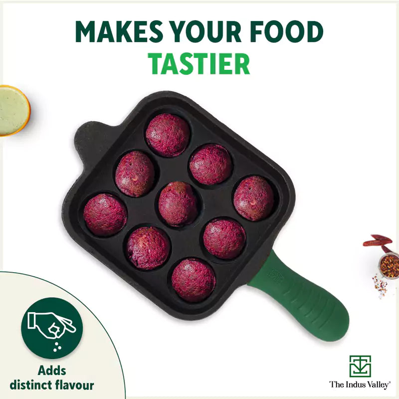 9 Pit/Cup CASTrong Cast Iron Paniyaram/Appe Pan+ Cool Silicone Grip, Pre-seasoned, Nonstick, 100% Pure, Toxin-free, 18cm, 2.4 kg