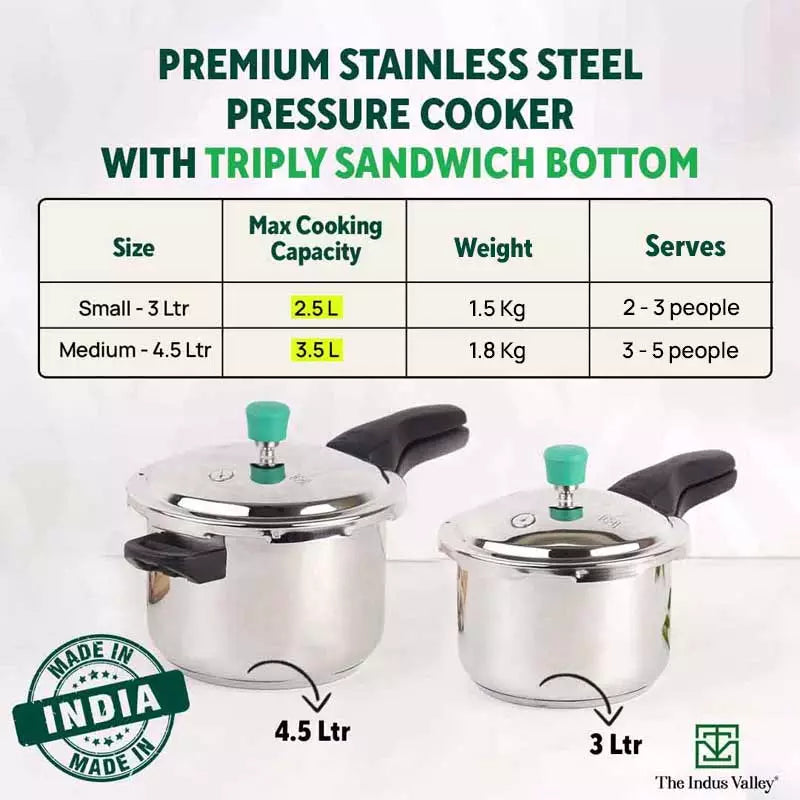 3L+ 4.5L QuicKooker Stainless Steel Pressure Cooker Combo+ Free ₹600 Wood Chopping Board, Premium Quality, Tri-ply (3 Layer) Heavy Bottom, 3Yr Warranty, ISI Certified, Induction & Gas