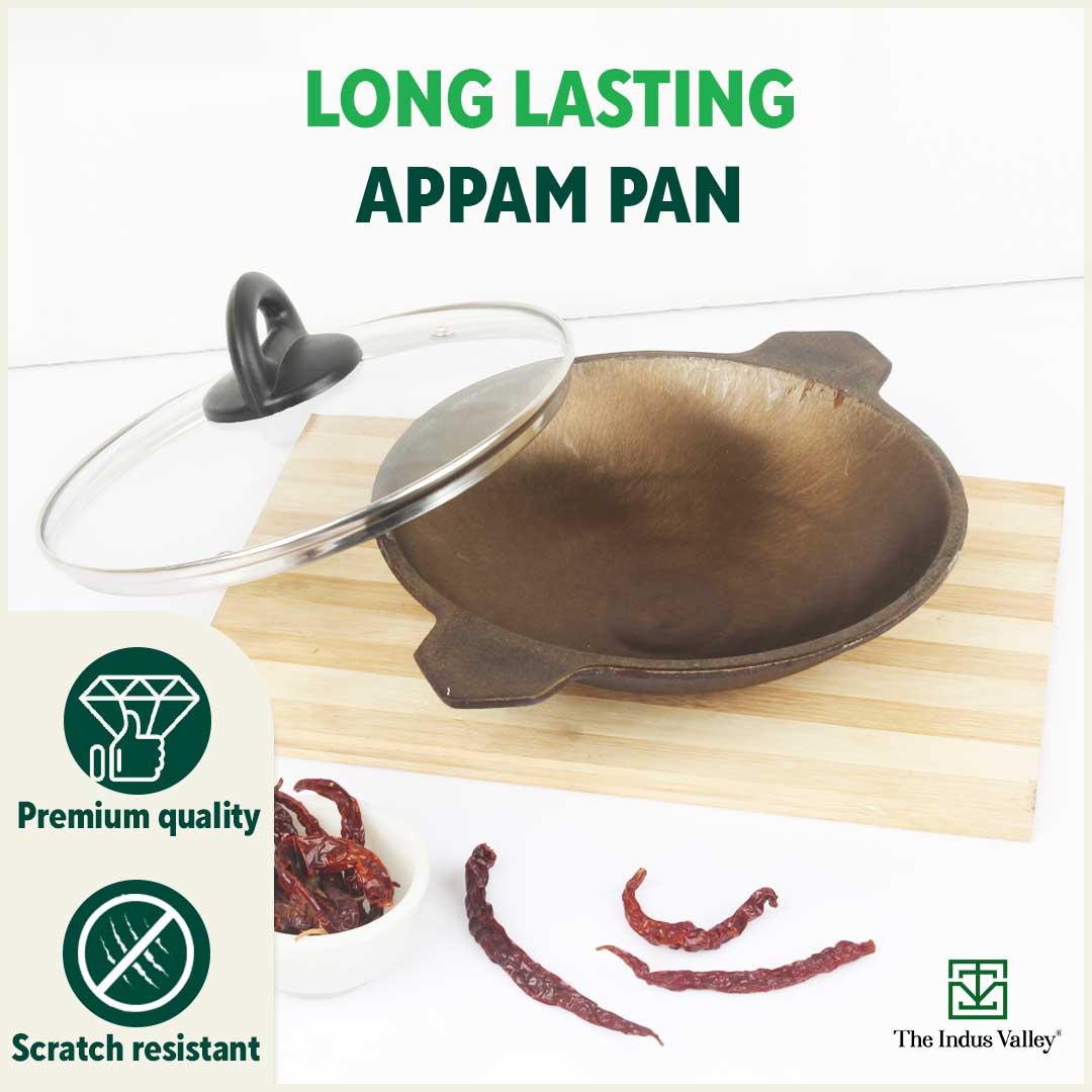 Super Smooth Cast Iron Appam Pan/Appachetty, Glass Lid,Pre-seasoned, Nonstick, 100% Pure, Toxin-free, 22cm, 1.9kg