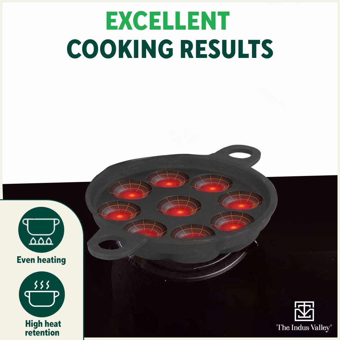 Super Smooth 9 Pit/Cup Cast Iron Paniyaram/Appe Pan+ Free Spatula, Pre-seasoned, Natural Nonstick, 100% Pure, Toxin-free, 21 cm, 2.8kg