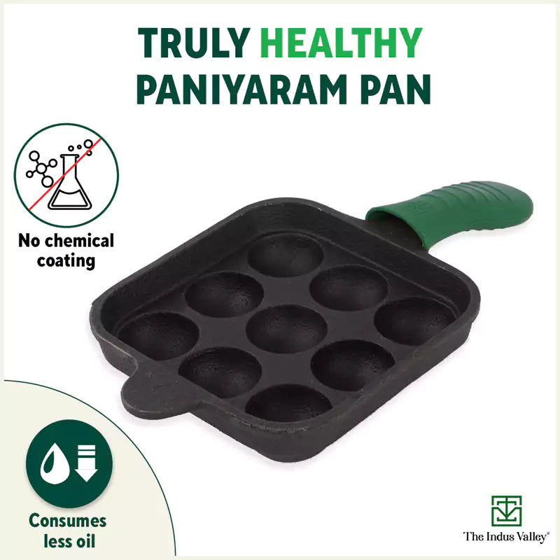 9 Pit/Cup CASTrong Cast Iron Paniyaram/Appe Pan+ Cool Silicone Grip, Pre-seasoned, Nonstick, 100% Pure, Toxin-free, 18cm, 2.4 kg