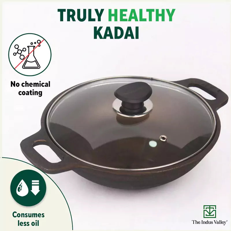 Super Smooth Cast Iron Kadai (Wok)+ Glass Lid, Pre-seasoned, Nonstick, 100% Pure,Toxin-free, 25.4cm, 2.5L, 2.4kg