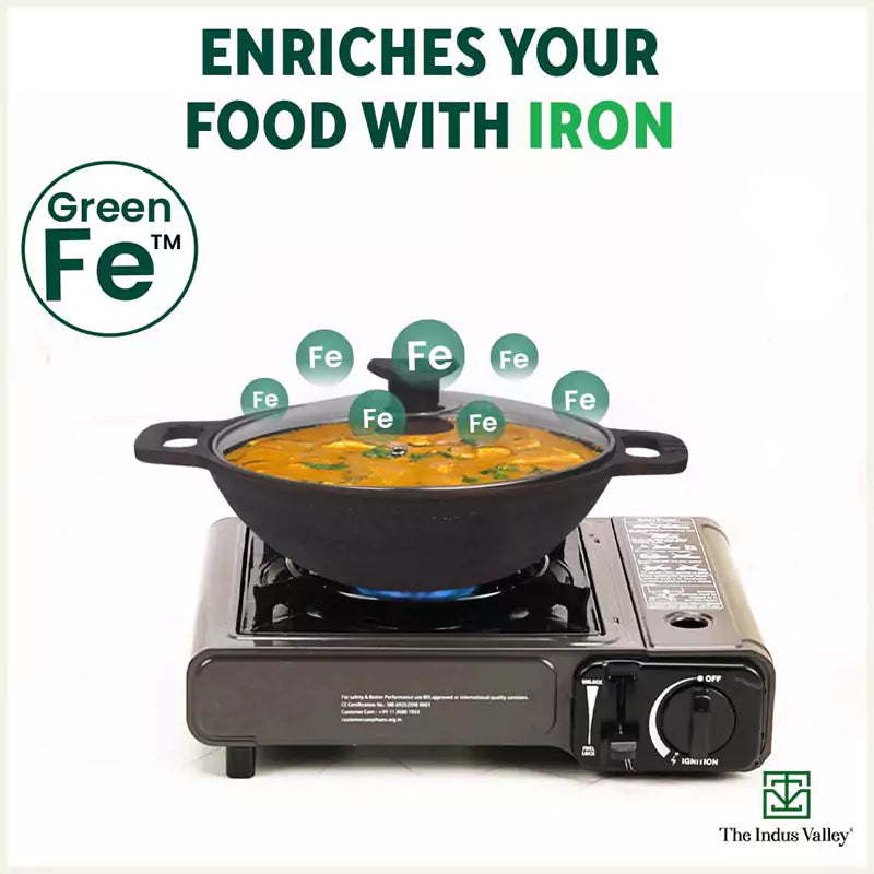 Super Smooth Cast Iron Kadai (Wok)+ Glass Lid, Pre-seasoned, Nonstick, 100% Pure,Toxin-free, 25.4cm, 2.5L, 2.4kg