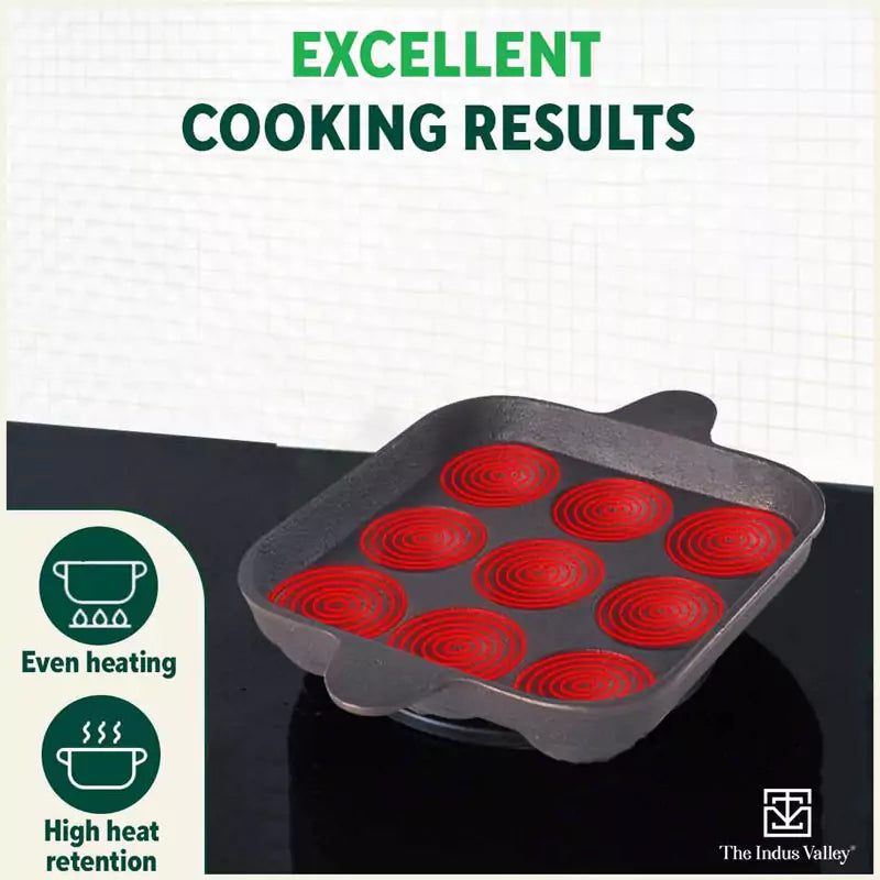 9 Pit/Cup CASTrong Cast Iron Paniyaram/Appe Pan+ Free Spatula, Pre-seasoned, Natural Nonstick, 100% Pure, Toxin-free, 24 cm, 1.34 kg