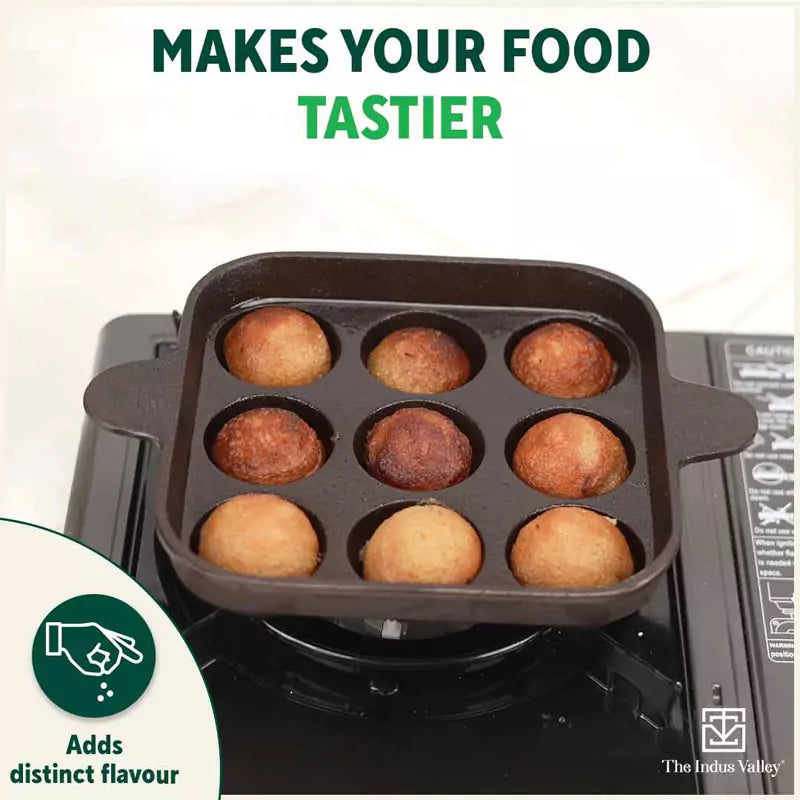 9 Pit/Cup CASTrong Cast Iron Paniyaram/Appe Pan+ Free Spatula, Pre-seasoned, Natural Nonstick, 100% Pure, Toxin-free, 24 cm, 1.34 kg