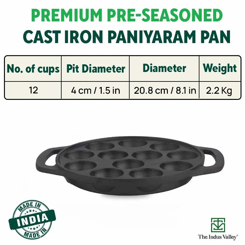 12 Pit/Cup CASTrong Cast Iron Paniyaram/Appe Pan, Pre-seasoned, Toxin-free, Free Cool Silicone Grip + Spatula, 21 cm, 2.2 kg