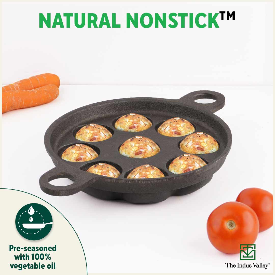 Super Smooth 9 Pit/Cup Cast Iron Paniyaram/Appe Pan+ Free Spatula, Pre-seasoned, Natural Nonstick, 100% Pure, Toxin-free, 21 cm, 2.8kg