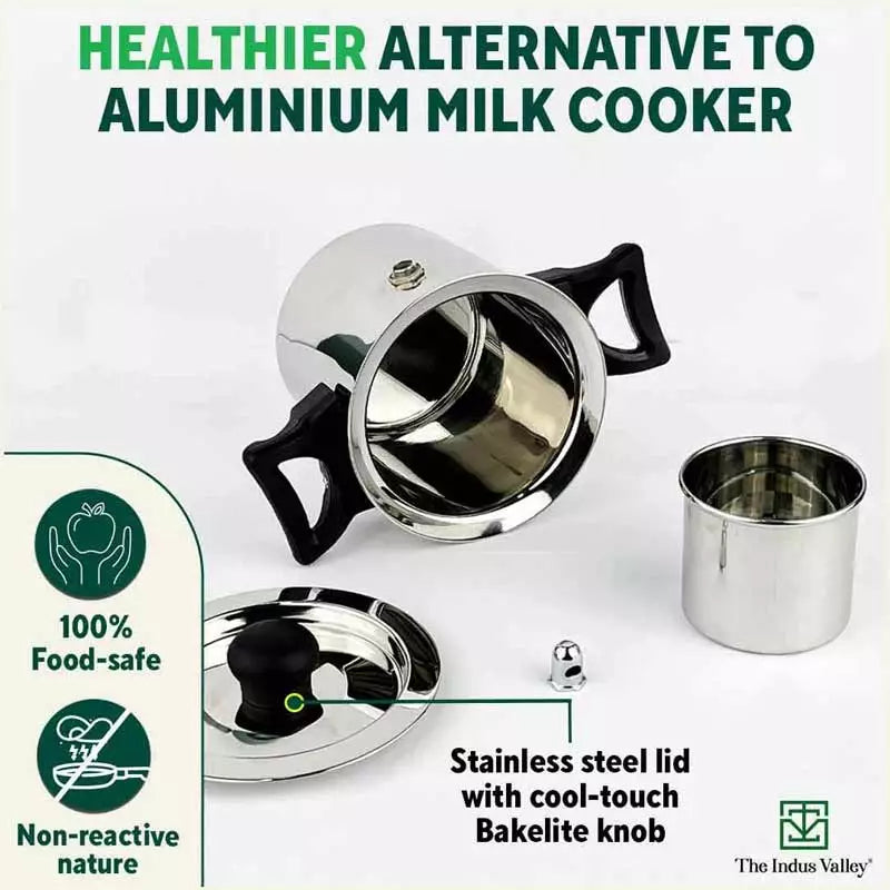 Stainless Steel Milk Cooker/ Boiler/ Pot with Handle+ Lid+ Knob+ Whistle, Premium Quality, 100% Toxin-free, Induction & Gas,  1 Litre