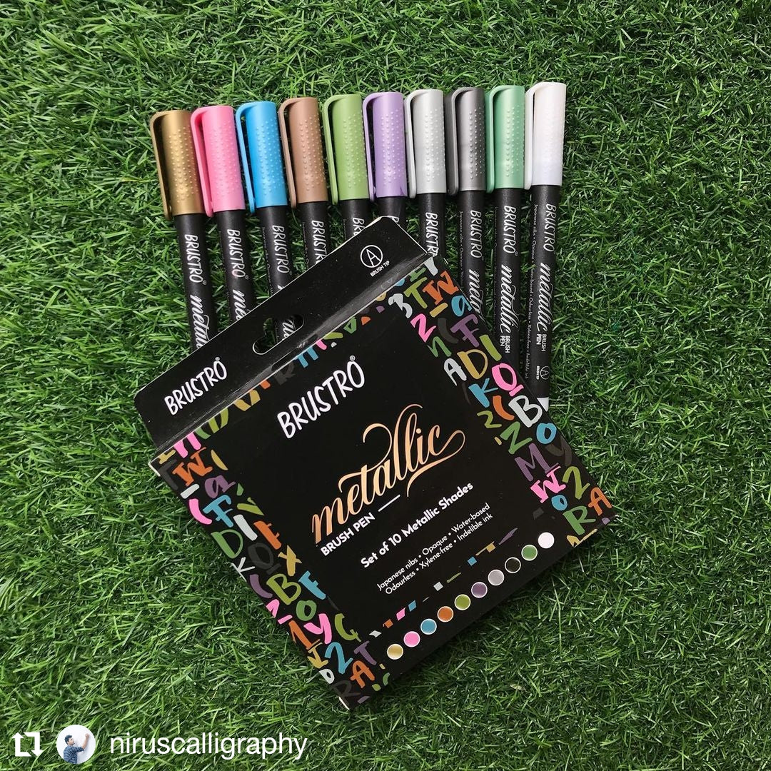 BRUSTRO Metallic Brush Pens - Soft Brush Tip Set of 10 Colors. with Colour Brush Pens Set of 12 (Pigment Based, Hard tip Brush Pen) Flexible tip for Calligraphy, Lettering and Drawing Techniques.