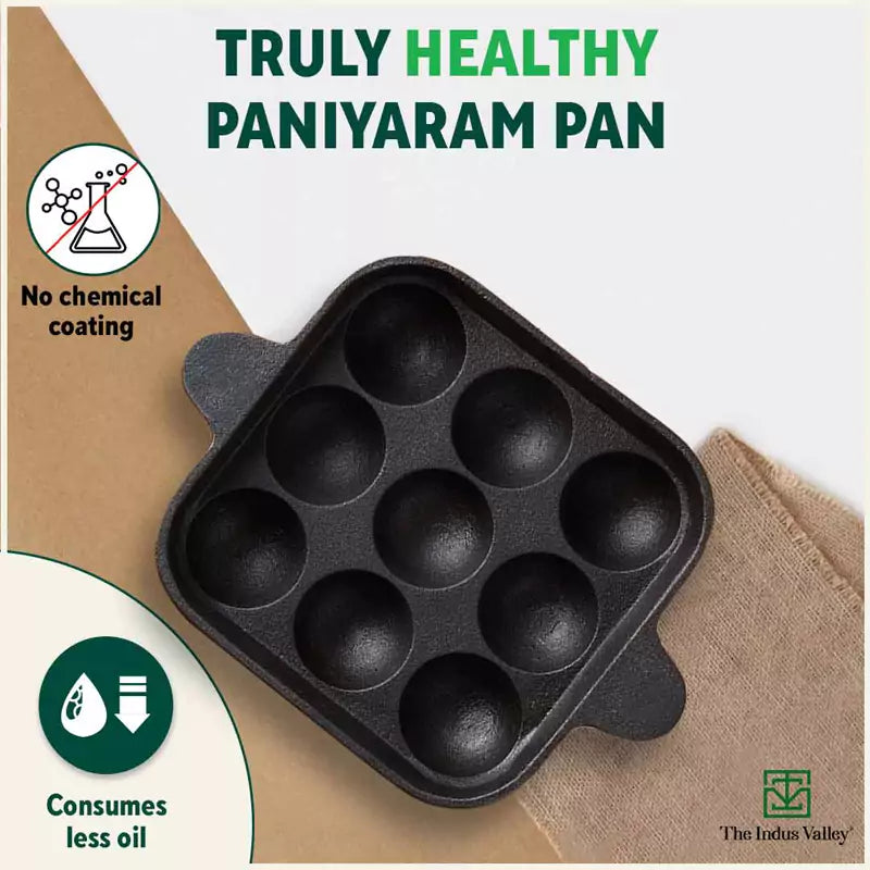 9 Pit/Cup CASTrong Cast Iron Paniyaram/Appe Pan+ Free Spatula, Pre-seasoned, Natural Nonstick, 100% Pure, Toxin-free, 24 cm, 1.34 kg
