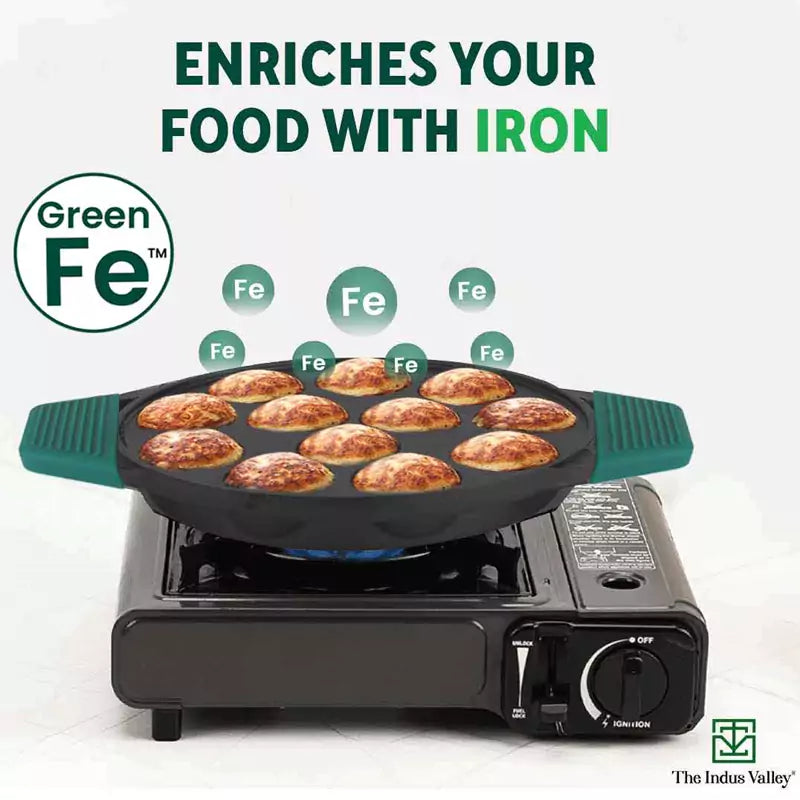 12 Pit/Cup CASTrong Cast Iron Paniyaram/Appe Pan, Pre-seasoned, Toxin-free, Free Cool Silicone Grip + Spatula, 21 cm, 2.2 kg