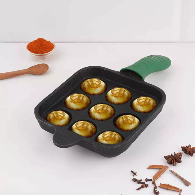 9 Pit/Cup CASTrong Cast Iron Paniyaram/Appe Pan+ Cool Silicone Grip, Pre-seasoned, Nonstick, 100% Pure, Toxin-free, 18cm, 2.4 kg