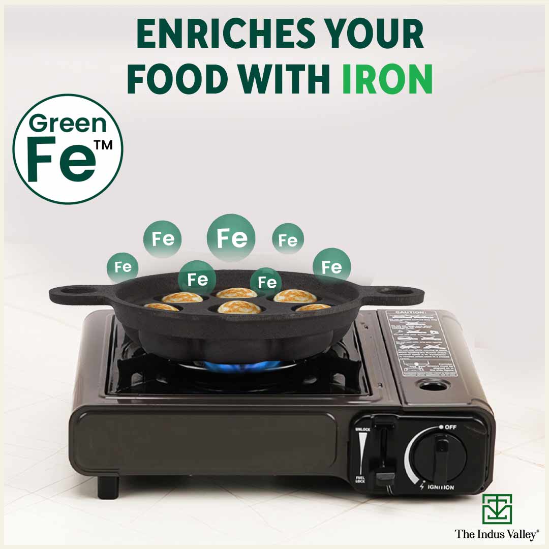 Super Smooth 9 Pit/Cup Cast Iron Paniyaram/Appe Pan+ Free Spatula, Pre-seasoned, Natural Nonstick, 100% Pure, Toxin-free, 21 cm, 2.8kg