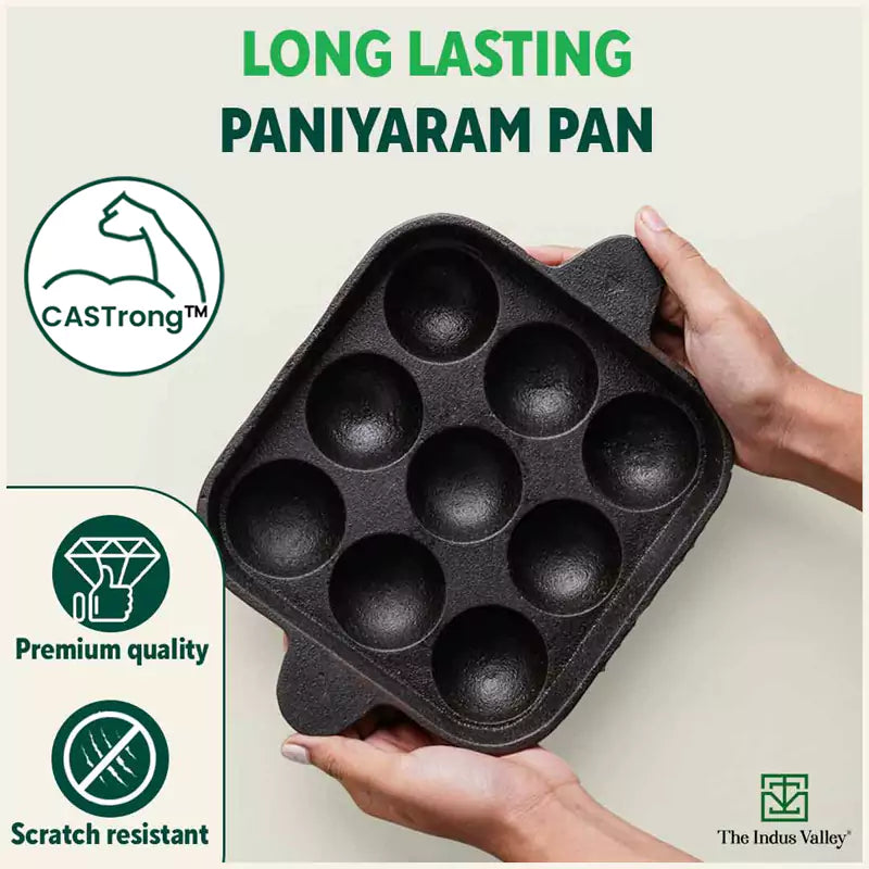 9 Pit/Cup CASTrong Cast Iron Paniyaram/Appe Pan+ Free Spatula, Pre-seasoned, Natural Nonstick, 100% Pure, Toxin-free, 24 cm, 1.34 kg
