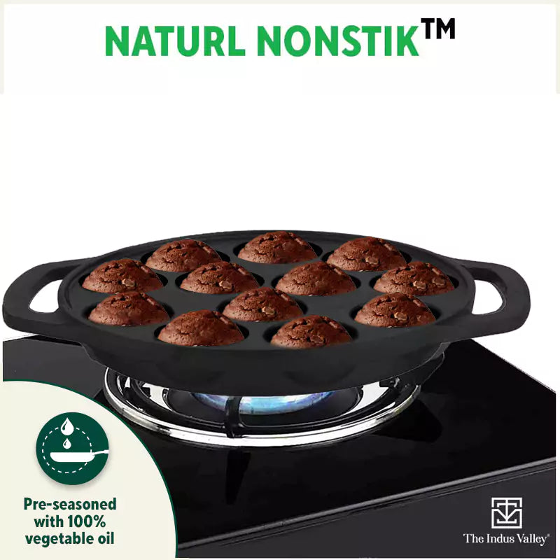 12 Pit/Cup CASTrong Cast Iron Paniyaram/Appe Pan, Pre-seasoned, Toxin-free, Free Cool Silicone Grip + Spatula, 21 cm, 2.2 kg