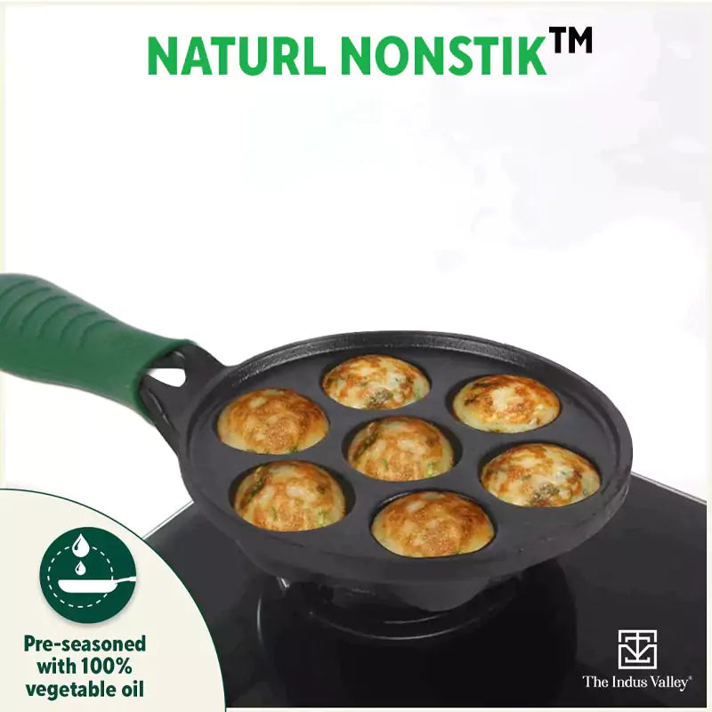 7 Pit/Cup CASTrong Cast Iron Paniyaram/Appe Pan+ Cool Silicone grip, Pre-seasoned, Nonstick, 100% Pure, Toxin-free, 21.5 cm, 1.7 kg