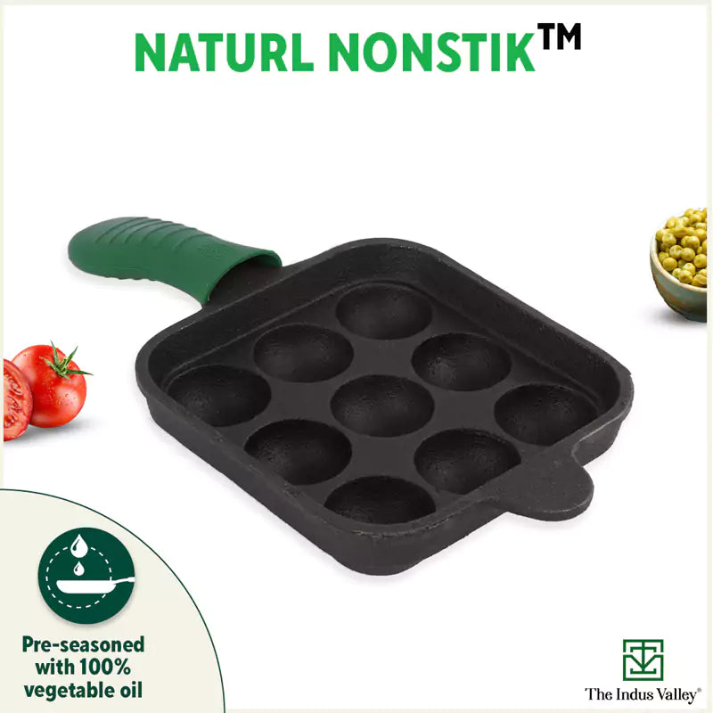 9 Pit/Cup CASTrong Cast Iron Paniyaram/Appe Pan+ Cool Silicone Grip, Pre-seasoned, Nonstick, 100% Pure, Toxin-free, 18cm, 2.4 kg