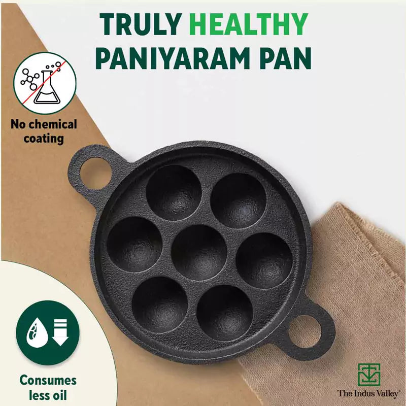Super Smooth 7 Pit/Cup Cast Iron Paniyaram/Appe Pan+ Free Spatula, Pre-seasoned, Natural Nonstick, 100% Pure, Toxin-free, 18.9cm, 2.26 kg