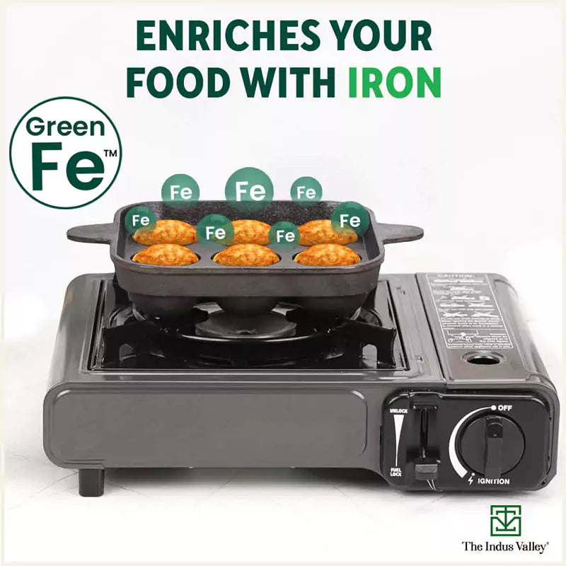 9 Pit/Cup CASTrong Cast Iron Paniyaram/Appe Pan+ Free Spatula, Pre-seasoned, Natural Nonstick, 100% Pure, Toxin-free, 24 cm, 1.34 kg