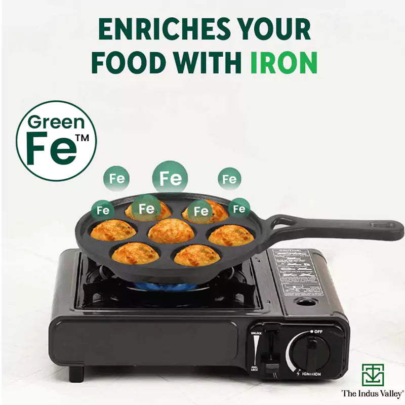 7 Pit/Cup CASTrong Cast Iron Paniyaram/Appe pan+ Free Spatula, Round, Long handle, Pre-seasoned, Nonstick, 100% Pure, Toxin-free, 21.5cm, 1.7kg
