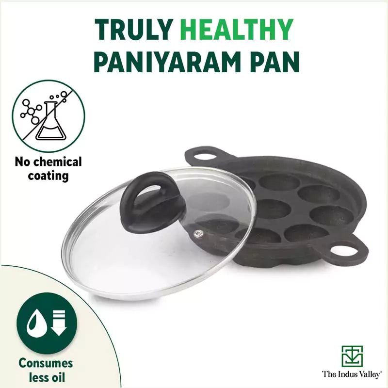 9 Pit/Cup CASTrong Cast Iron Paniyaram/Appe Pan+ Glass Lid, Pre-seasoned, Natural Nonstick, 100% Pure, Toxin-free, 21 cm, 2.7 kg