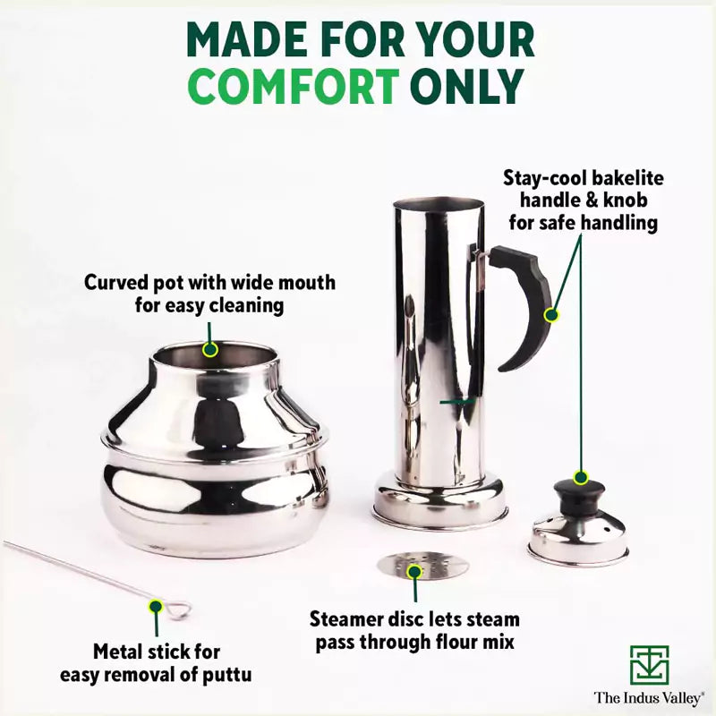 Stainless Steel Puttu Maker, Premium Quality, 100% Toxin-free, Non-stick, Bakelite Handle, Induction & Gas