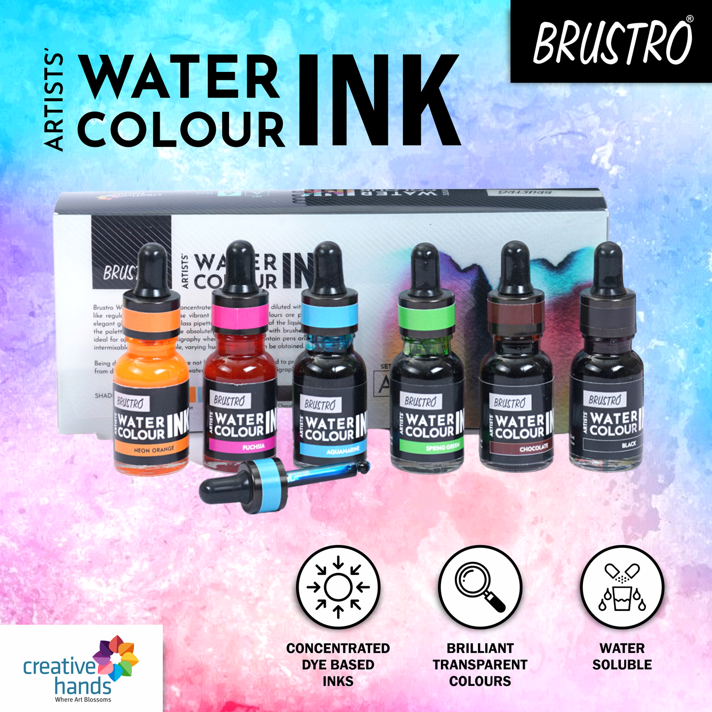 Brustro Watercolour Ink Set A of 6 x 15ml (6 Shades with Free Watercolour A5 Wiro Journal Worth Rs 399