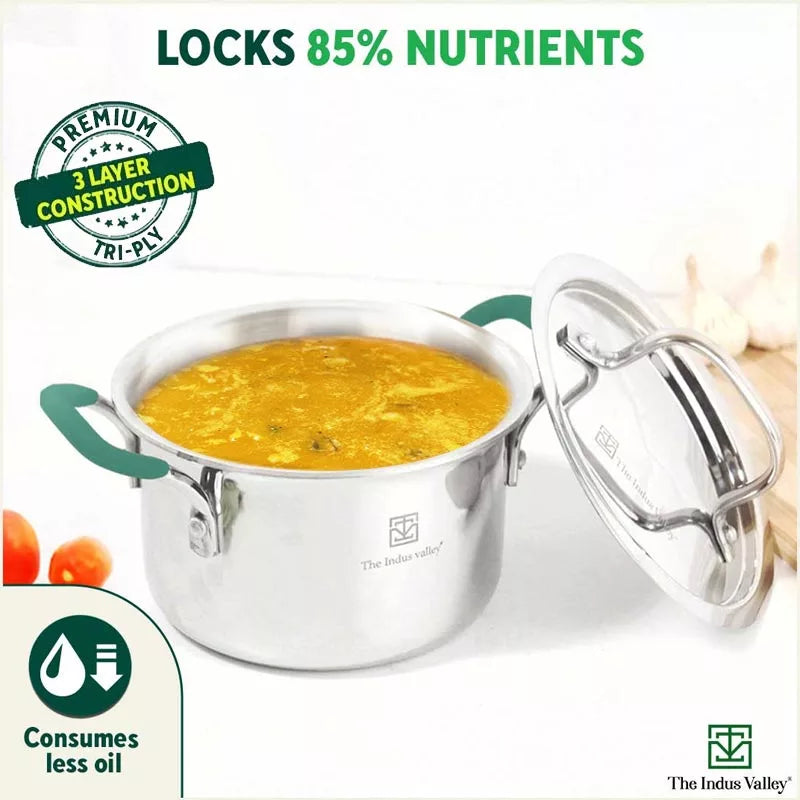 TurboCuk Tri-ply Stainless Steel Casserole/Biryani Cooking Pot, Premium Quality, 3 Layer Thick Body, Cool Silicone Handles, 100% Toxin-free, Non-stick, Induction & Gas, 1.4L