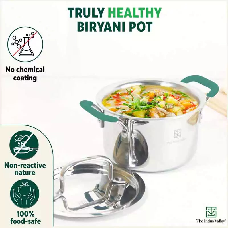 TurboCuk Tri-ply Stainless Steel Casserole/Biryani Cooking Pot+ Steel Lid, Premium 3 Layer Body, Cool Silicone Handles, Induction, Non-stick, 2.9L