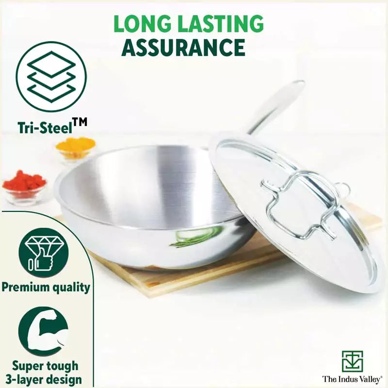 TurboCuk Tri-ply Stainless Steel Wok/Fry Pan+ Steel Lid, Premium Quality, 3 Layer Thick Body, 100% Toxin-free, Non-stick, Induction & Gas, 1.8/2.3L, 1.3/1.4kg