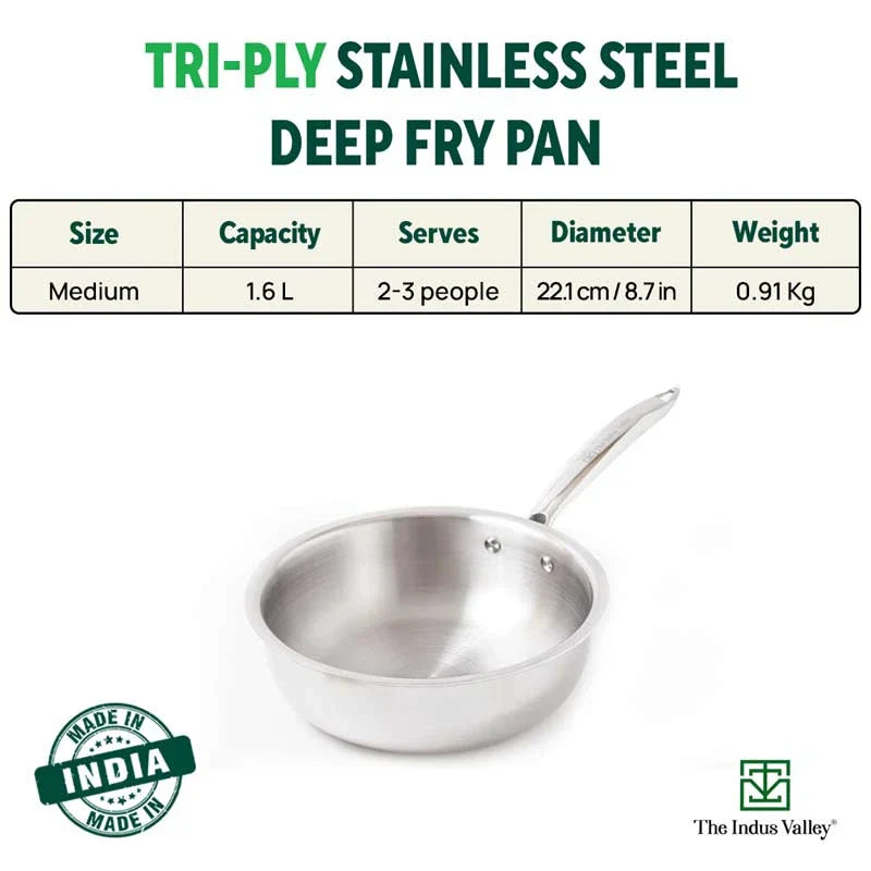 TurboCuk Tri-ply Stainless Steel Deep Fry Pan, Premium Quality, 3 Layer Thick Body, 100% Toxin-free, Non-stick, Induction & Gas, 22.1cm, 1.6L