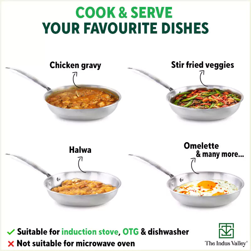 TurboCuk Tri-ply Stainless Steel Fry Pan, Premium 3 Layer Thick Body, Induction, Non-stick, 23.4/25.4/28 cm, 1.5/1.7/1.9L
