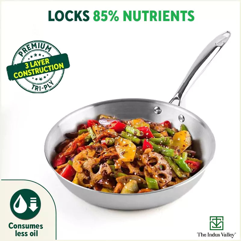 TurboCuk Tri-ply Stainless Steel Fry Pan, Premium 3 Layer Thick Body, Induction, Non-stick, 23.4/25.4/28 cm, 1.5/1.7/1.9L