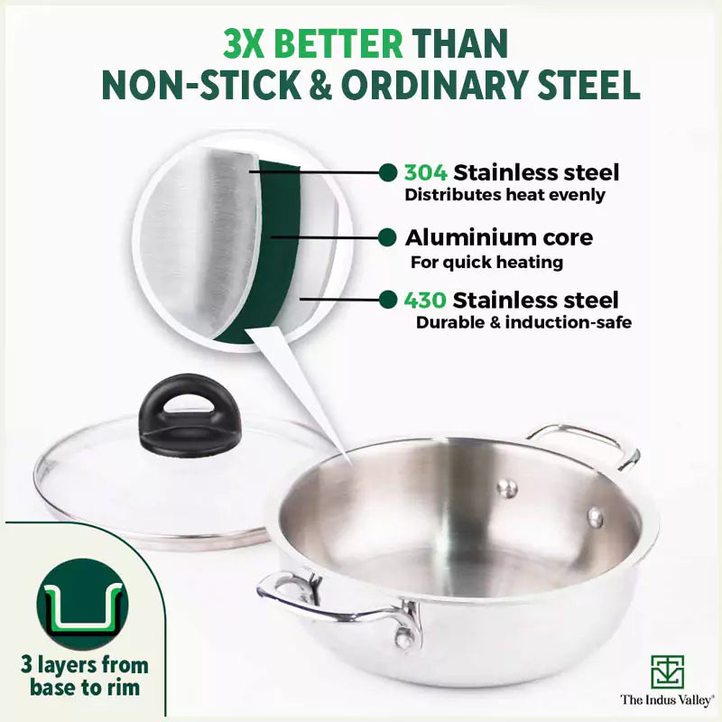 TurboCuk Tri-ply Stainless Steel Deep Fry Pan+ Glass Lid, Premium Quality, 3 Layer Thick Body, 100% Toxin-free, Non-stick, Induction & Gas, 20.3cm, 1.5 L, 1.38kg