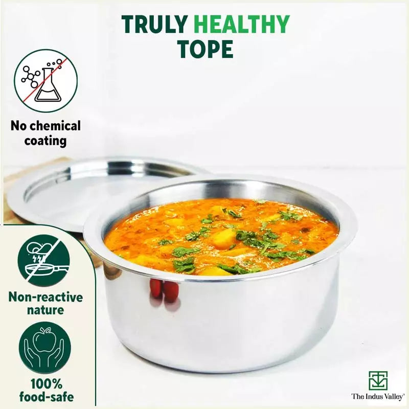 TurboCuk Tri-ply Stainless Steel Tope/Tapeli/Bhagona/Patila+ Steel Lid, Premium Quality, 3 Layer Thick Body, 100% Toxin-free, Non-stick, Induction & Gas, 2.2/3.1L