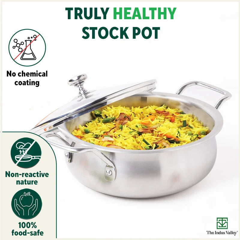 TurboCuk Tri-ply Biryani Cooking Pot/Casserole+ Glass Lid, Wide Handi Shape, Premium Quality, 3 Layer Thick Body, 100% Toxin-free, Non-stick, Induction & Gas, 2L