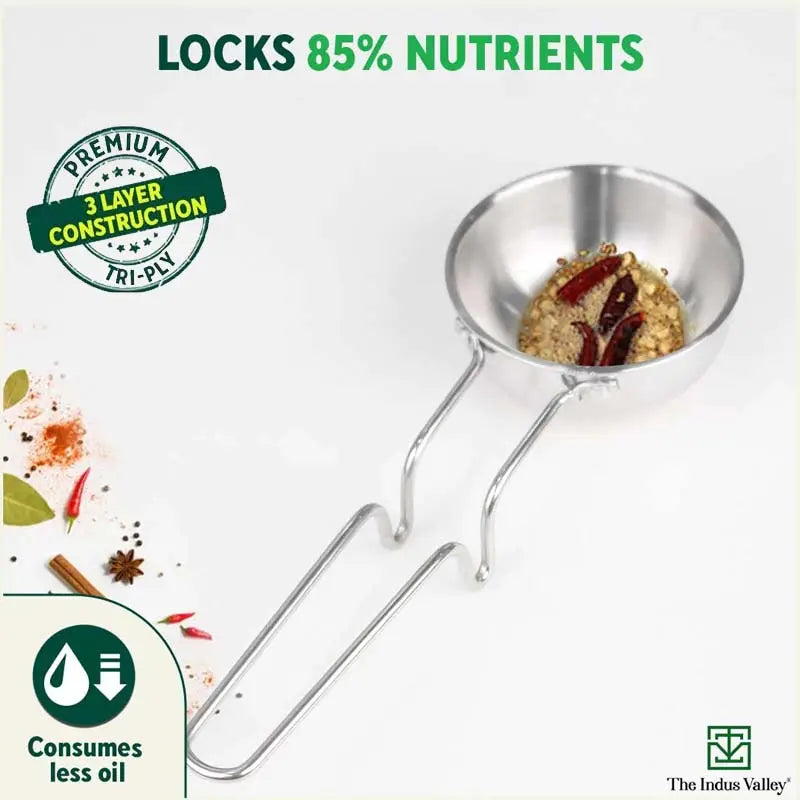 TurboCuk Triply Stainless Steel Tadka Pan for Spice Seasoning/Heating, Premium Quality, 3 Layer Thick Body, 100% Toxin-free, Non-stick, Induction & Gas, 12cm, 300ml