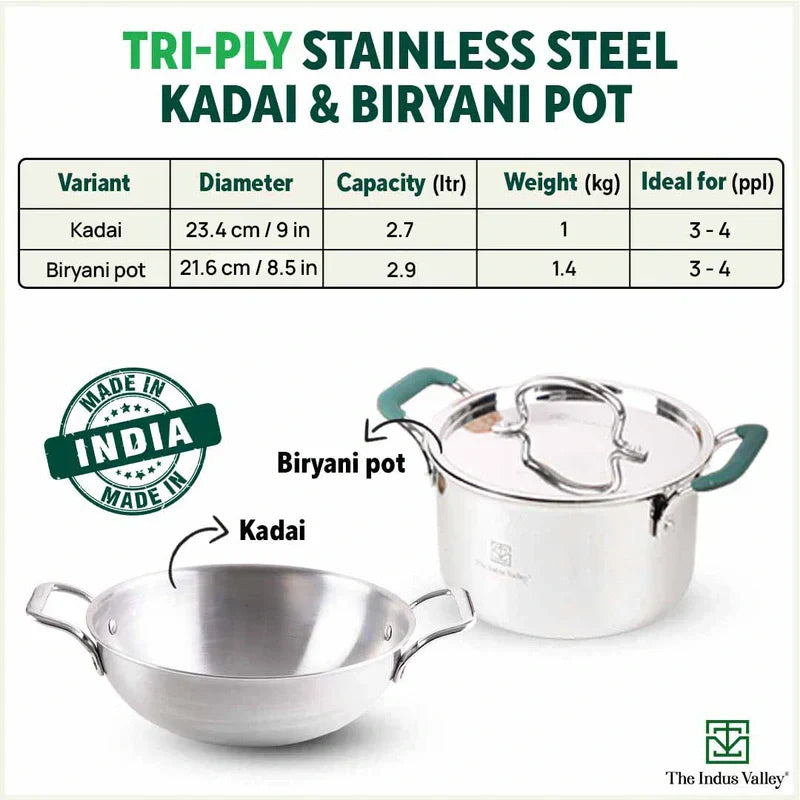 TurboCuk Tri-ply Stainless Steel Cokware Set: Kadai+ Biryani Pot, Premium Quality, 3 Layer Thick Body, 100% Toxin-free, Non-stick, Induction & Gas, Free ₹600 Wooden Board
