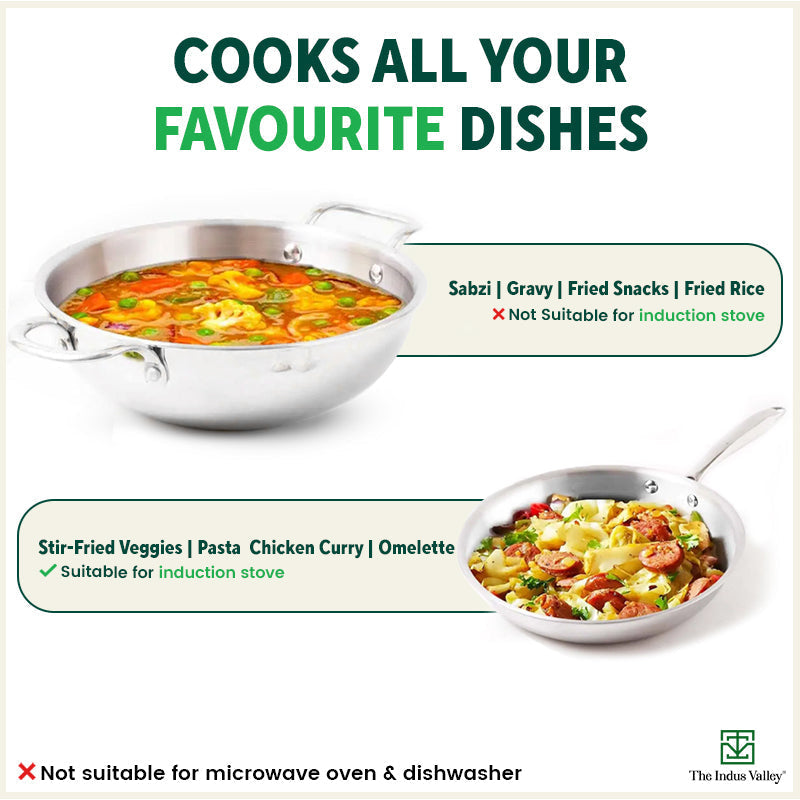 TurboCuk Tri-ply Stainless Steel Cookware Set: Kadai+ Fry Pan, Premium Quality, 3 Layer Thick Body, 100% Toxin-free, Non-stick, Induction & Gas, Free ₹600 Wood Chopping Board
