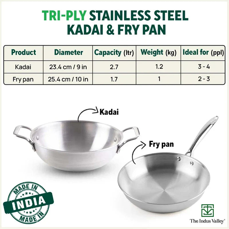 TurboCuk Tri-ply Stainless Steel Cookware Set: Kadai+ Fry Pan, Premium Quality, 3 Layer Thick Body, 100% Toxin-free, Non-stick, Induction & Gas, Free ₹600 Wood Chopping Board