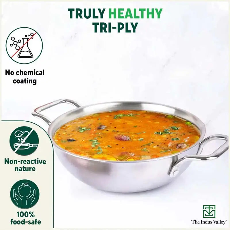 TurboCuk Tri-ply Stainless Steel Cookware Set: Kadai+ Fry Pan, Premium Quality, 3 Layer Thick Body, 100% Toxin-free, Non-stick, Induction & Gas, Free ₹600 Wood Chopping Board