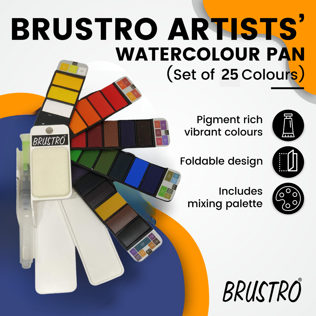 BRUSTRO Artists Watercolour Paint Pan Set of 25 with Artists Watercolour Paper 300 GSM, 25% Cotton, Color, Cold Pressed, A4 (Pack of 12), A3 (Pack of 6) & A5 (Pack of 24)